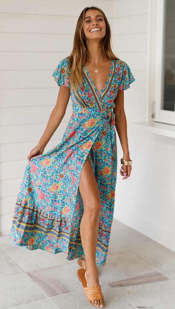 Floral V-neck Short Sleeve Maxi Dress