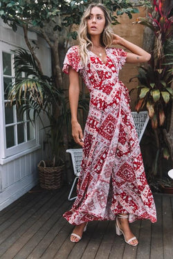 Floral V-neck Open Front Maxi Dress