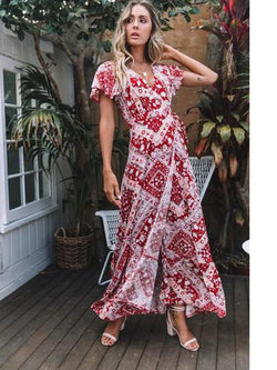 Floral V-neck Open Front Maxi Dress