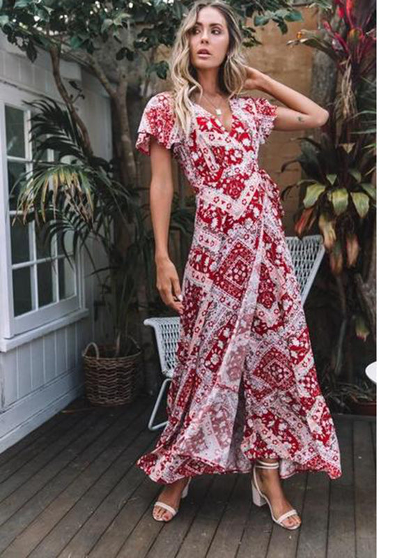 Floral V-neck Open Front Maxi Dress