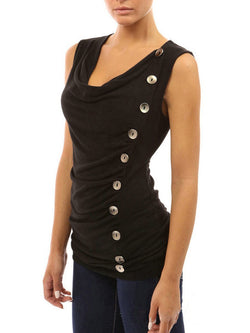 Round Neck Sleeveless Buttons Top T-shirt