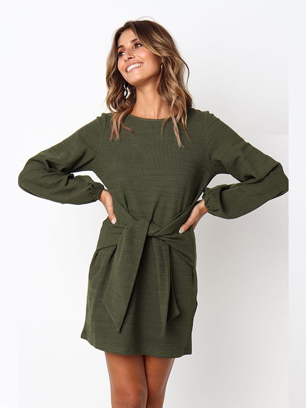 Long Sleeves Round Neck Waist Wrap Mini Dress