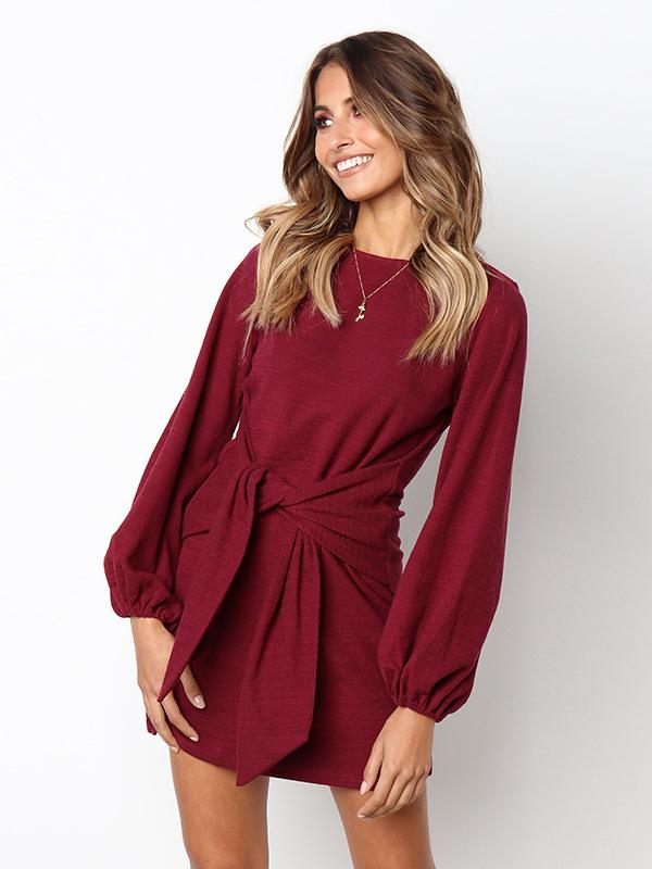 Long Sleeves Round Neck Waist Wrap Mini Dress