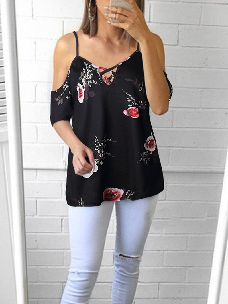 Cold Shoulder Straps Short Sleeves Floral T-shirt Top - Landing Closet