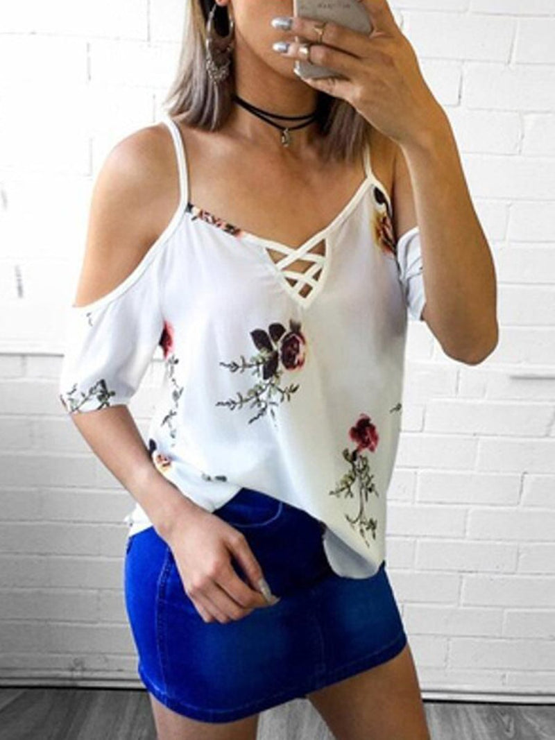 Cold Shoulder Straps Short Sleeves Floral T-shirt Top - Landing Closet