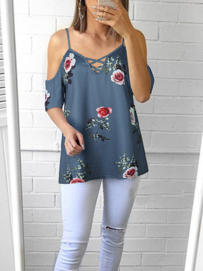 Cold Shoulder Straps Short Sleeves Floral T-shirt Top - Landing Closet