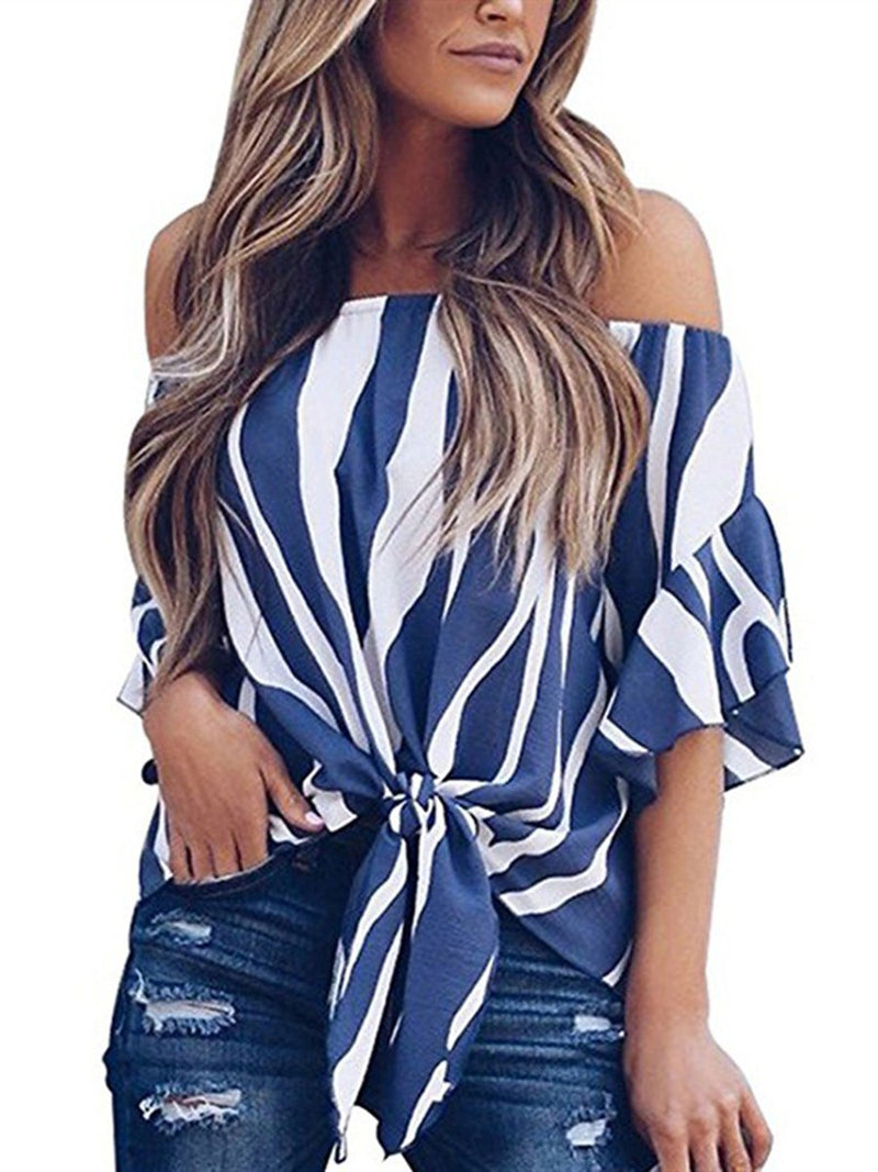 Off Shoulder Loose Fit Short Sleeves Stripes T-shirt Top