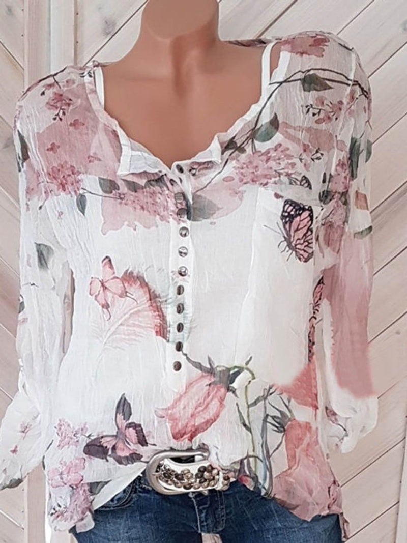 Floral Breeze V-neck Buttons Long Sleeves Shirt Top