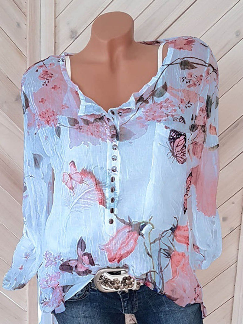 Floral Breeze V-neck Buttons Long Sleeves Shirt Top