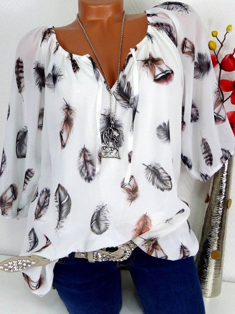 Feathers Printed V-neck Loose Fit T-shirt Top