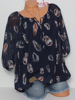 Feathers Printed V-neck Loose Fit T-shirt Top