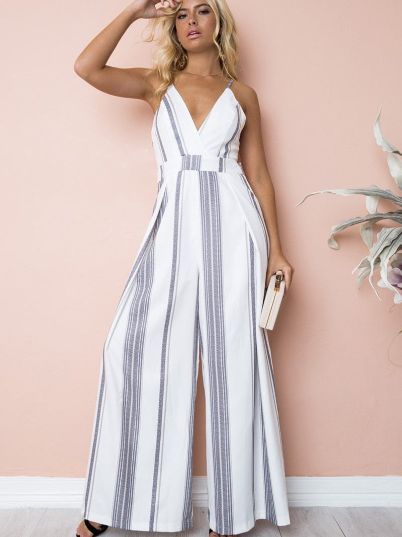 Straps Deep V-neck Backless Stripes Floral Loose Jumpsuit