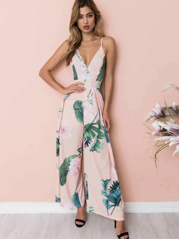 Straps Deep V-neck Backless Stripes Floral Loose Jumpsuit