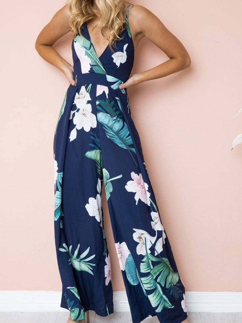 Straps Deep V-neck Backless Stripes Floral Loose Jumpsuit