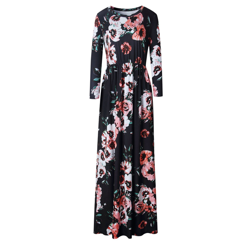 Long Sleeve Floral Print Belt Maxi Dress