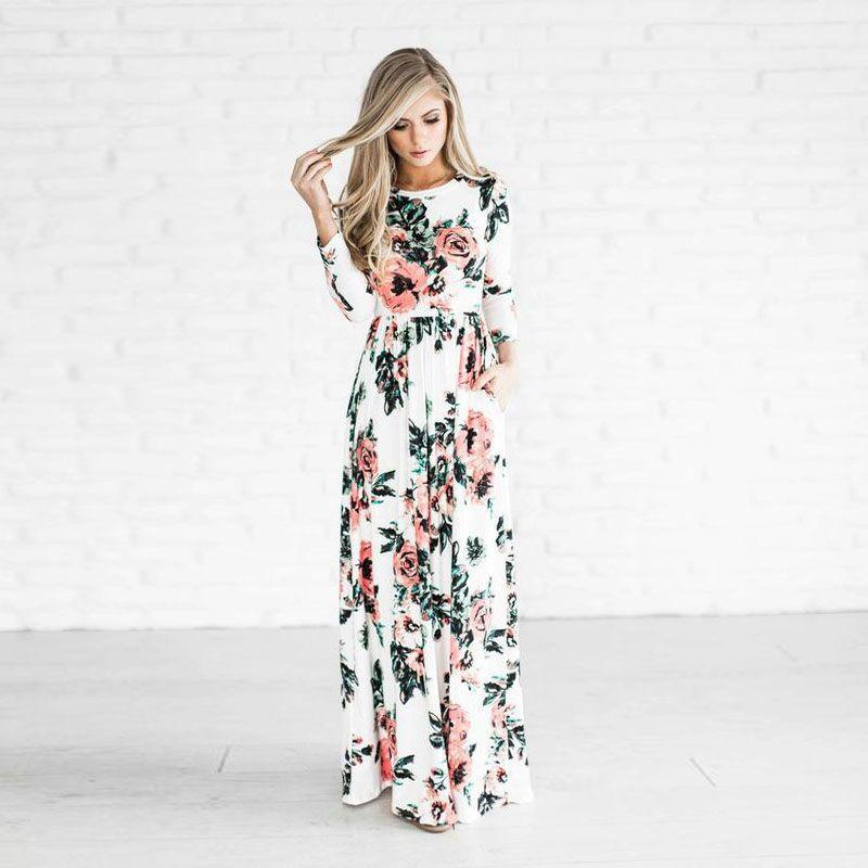 Long Sleeve Floral Print Belt Maxi Dress