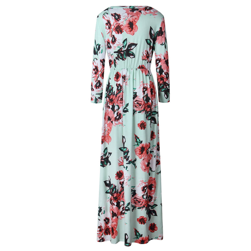 Long Sleeve Floral Print Belt Maxi Dress