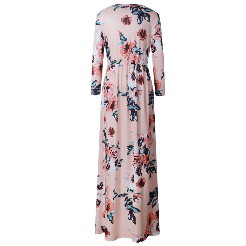 Long Sleeve Floral Print Belt Maxi Dress