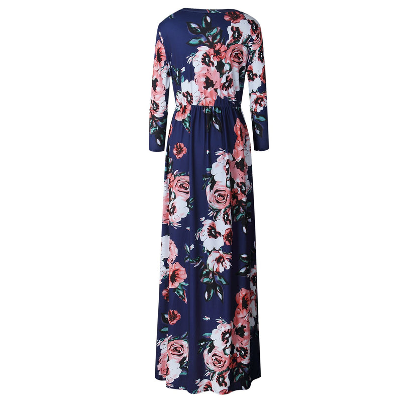 Long Sleeve Floral Print Belt Maxi Dress