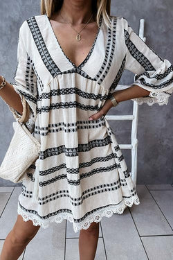 Print Lace Hem V Neck Mini Dress