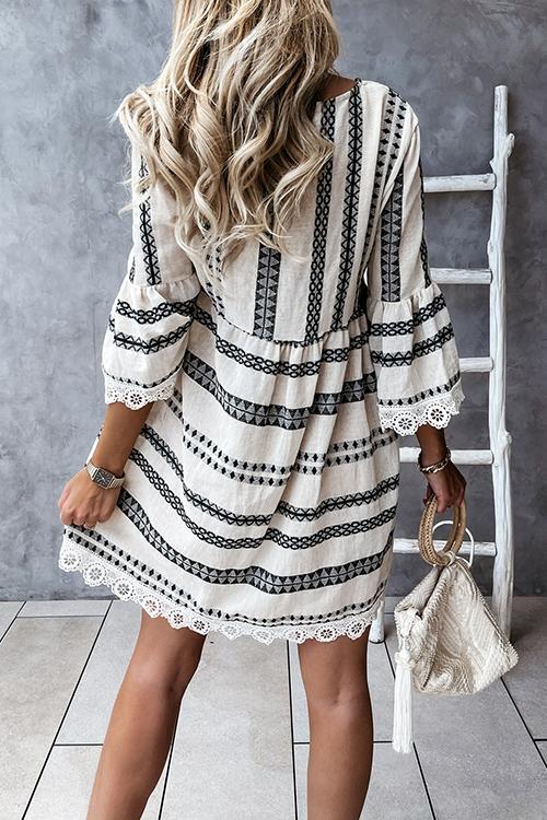 Print Lace Hem V Neck Mini Dress