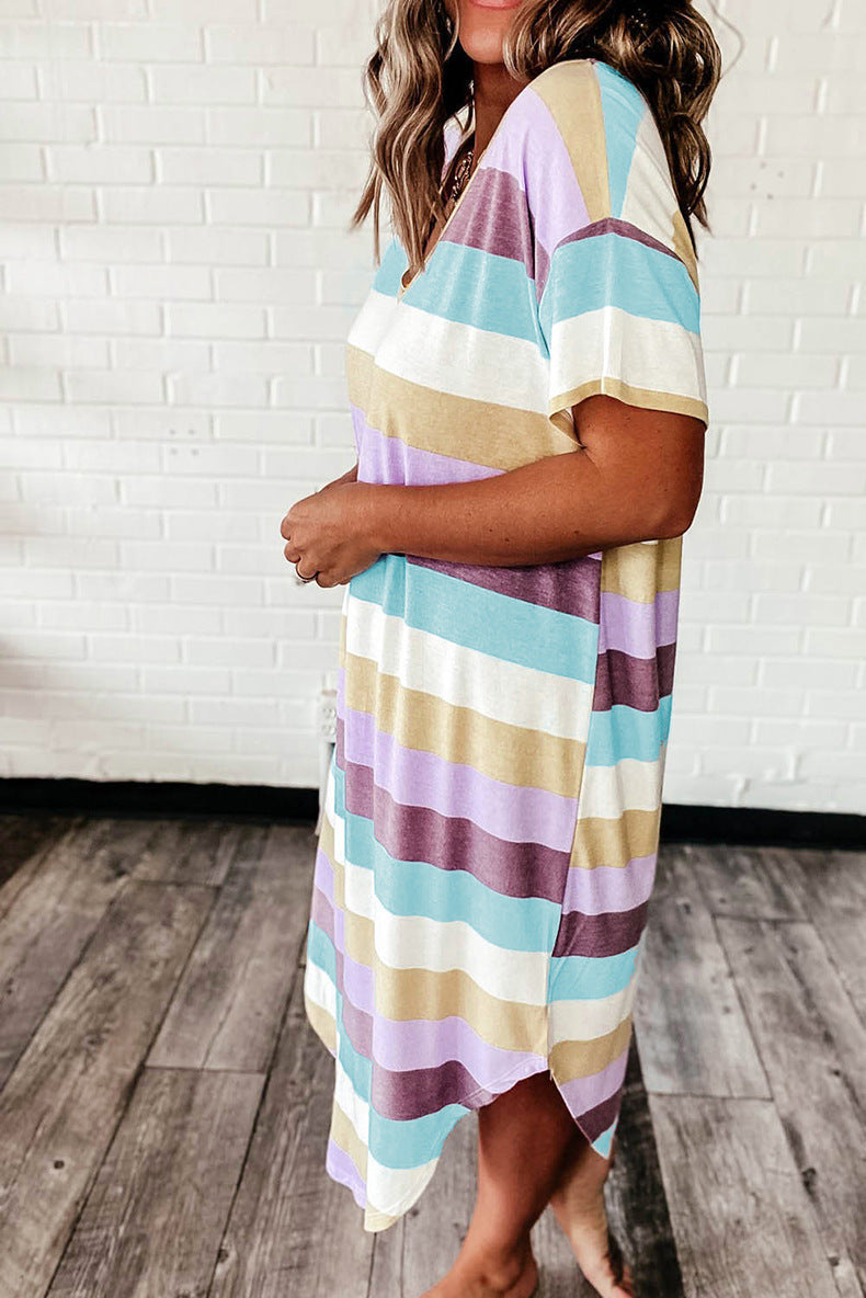 Multi Color Striped V Neck Dress