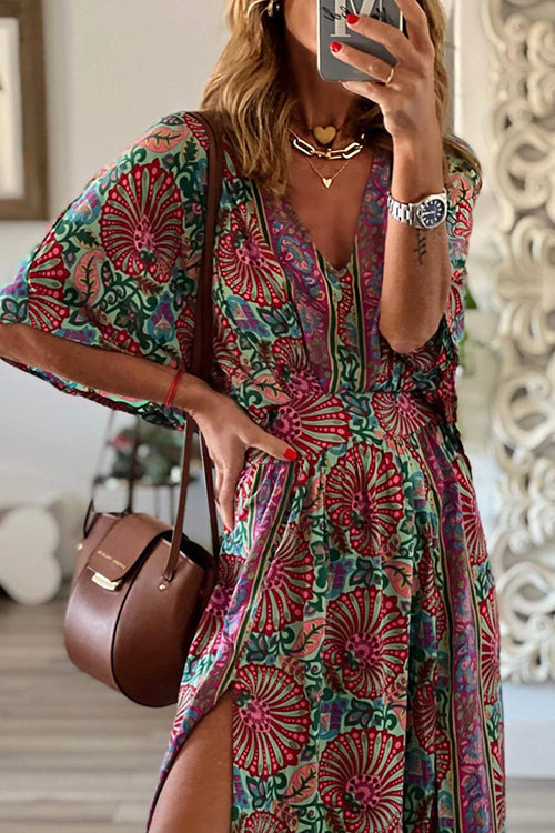 Boho Print V Neck Slit Maxi Dress