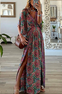 Boho Print V Neck Slit Maxi Dress