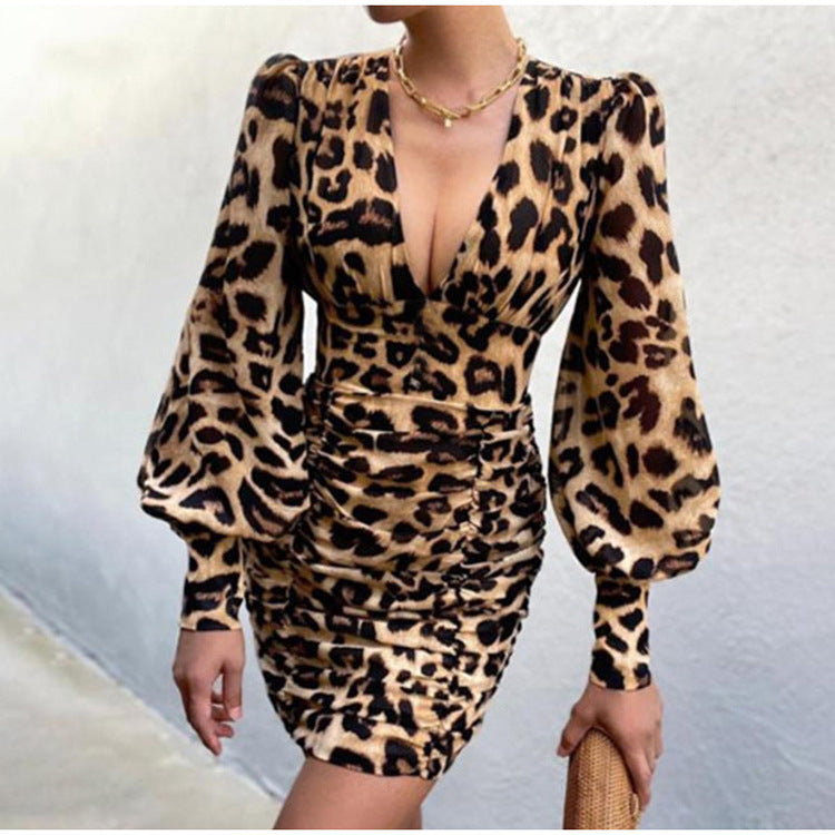 Deep V Neck Long Sleeve Floral Mini Dress