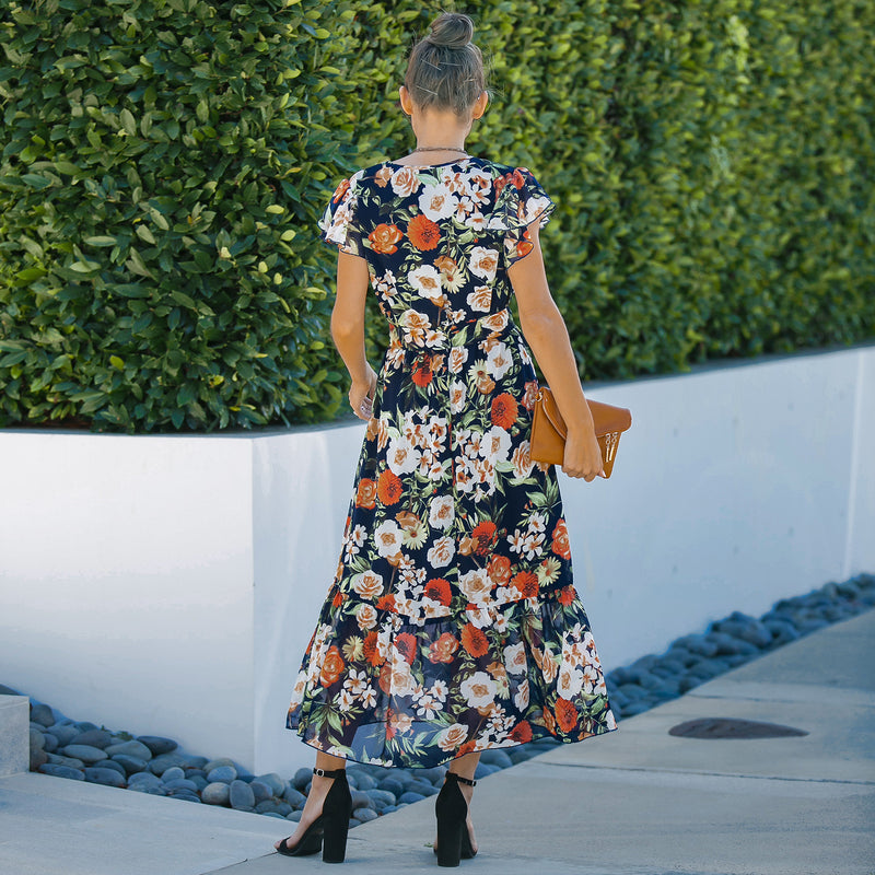 Cap Sleeve V Neck Loose Floral Maxi Dress