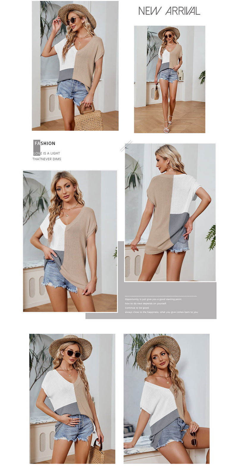 Color Block V-Neck  Short Sleeve Loose T-Shirt