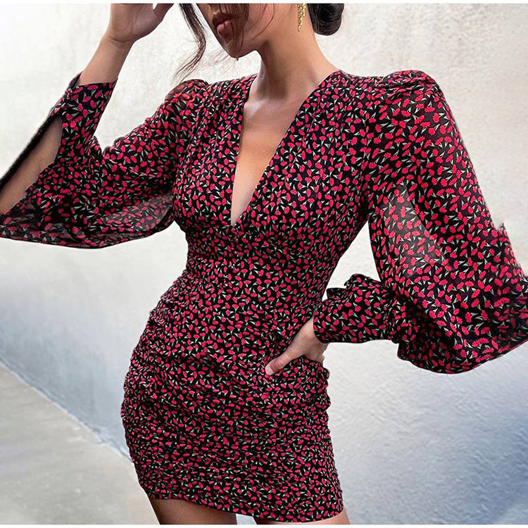 Deep V Neck Long Sleeve Floral Mini Dress