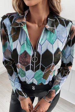 Geometric Print V Neck Zipper Blouse