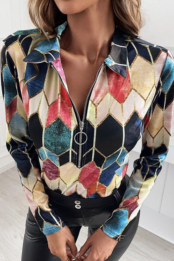 Geometric Print V Neck Zipper Blouse