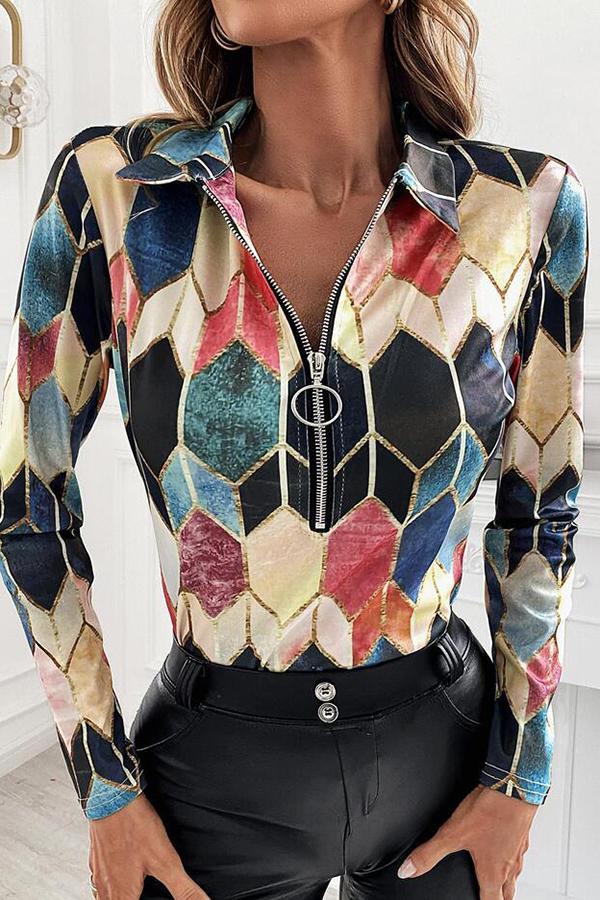 Geometric Print V Neck Zipper Blouse