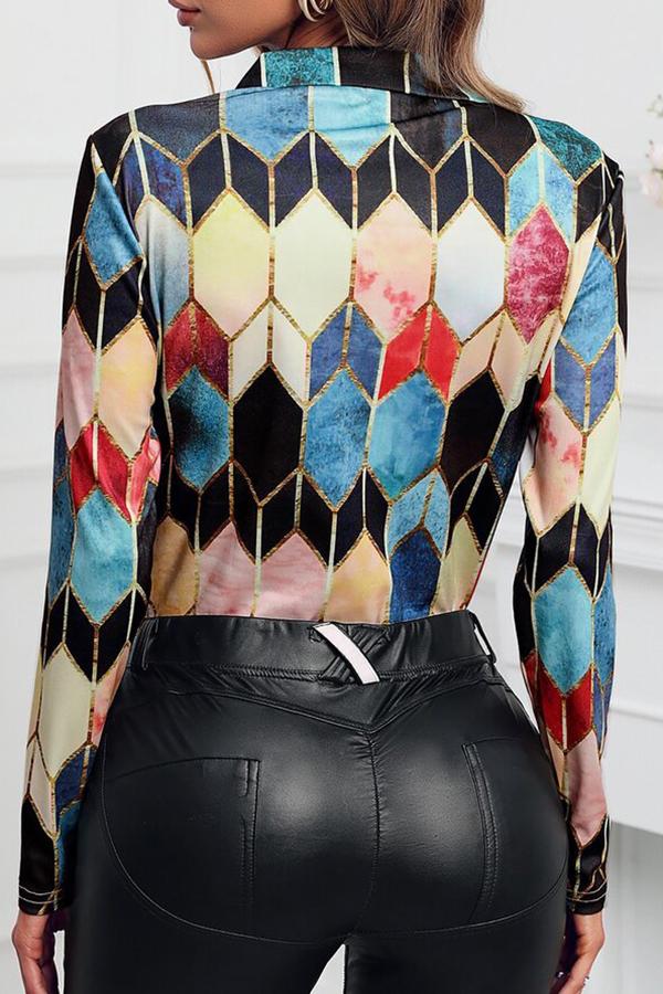 Geometric Print V Neck Zipper Blouse