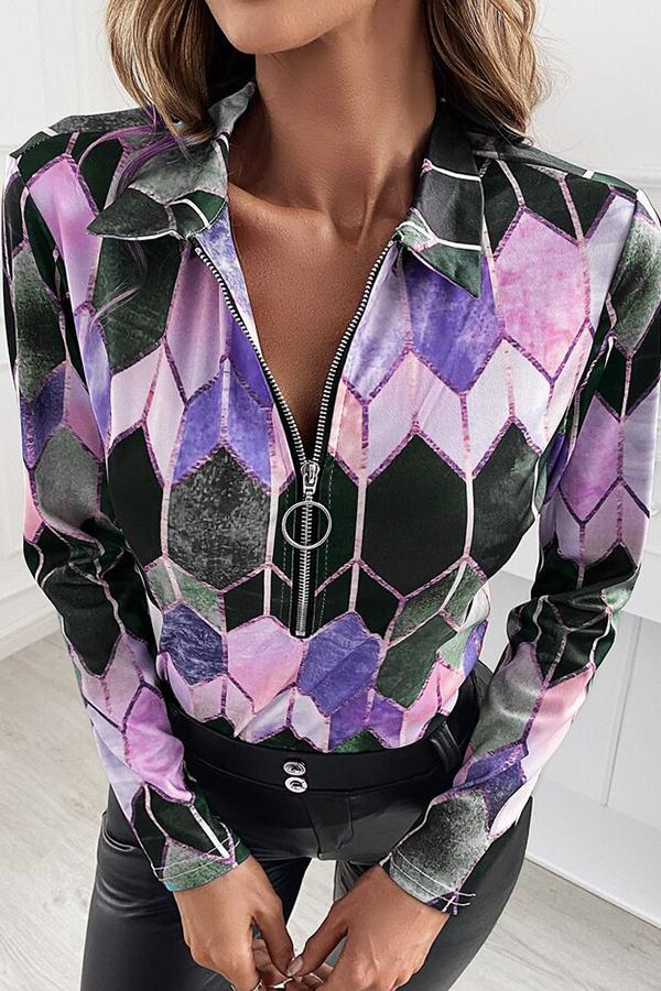 Geometric Print V Neck Zipper Blouse