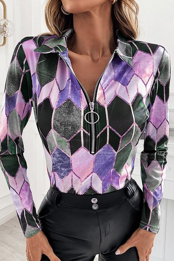 Geometric Print V Neck Zipper Blouse