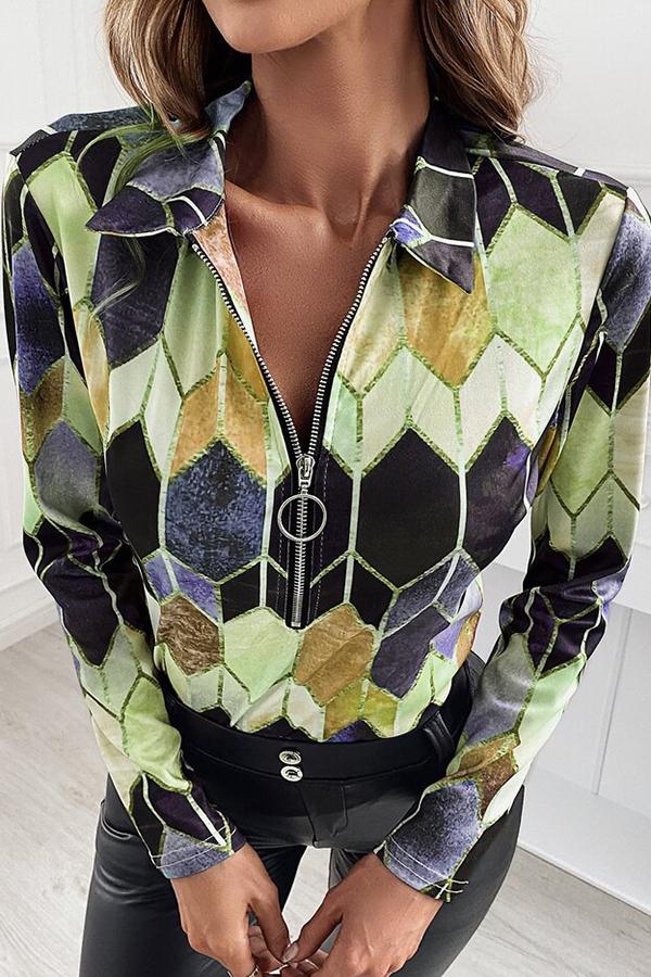 Geometric Print V Neck Zipper Blouse