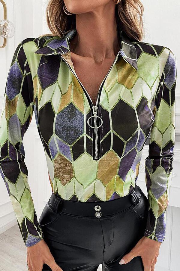 Geometric Print V Neck Zipper Blouse