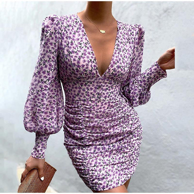 Deep V Neck Long Sleeve Floral Mini Dress