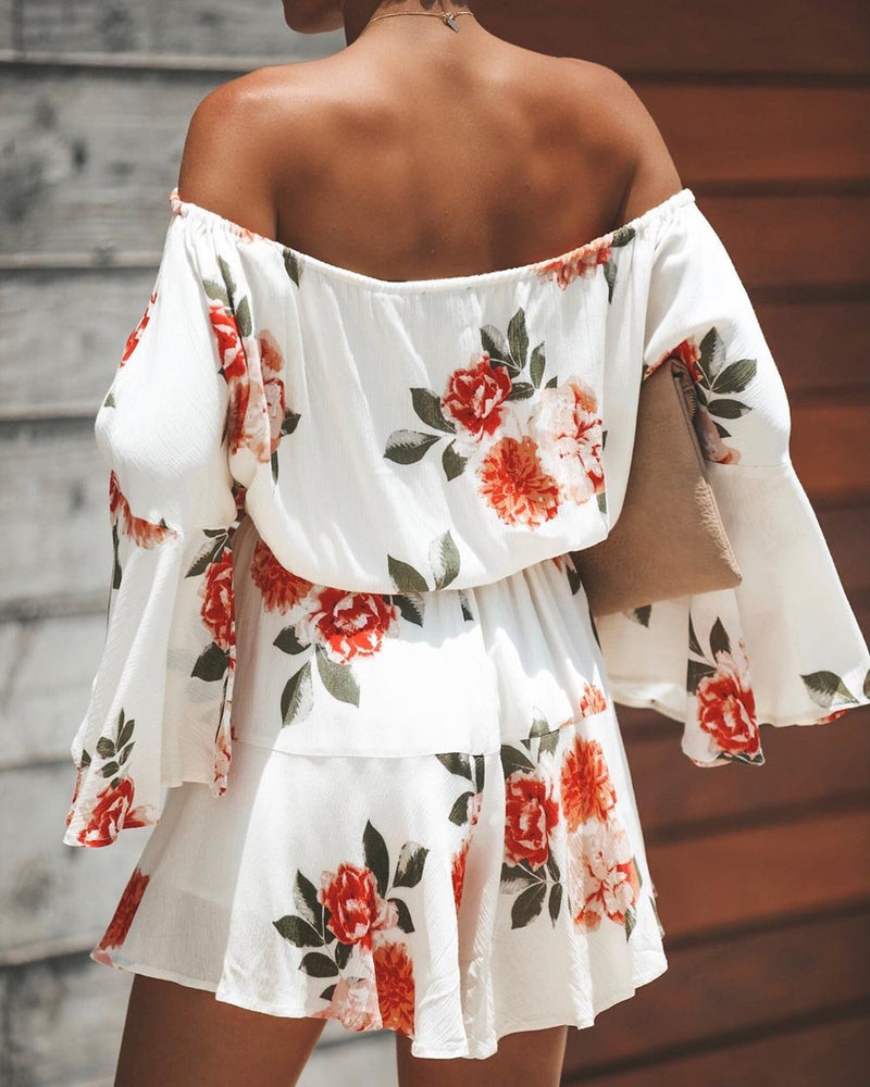 Red Flowers Printed Off Shoulder Mini Dress