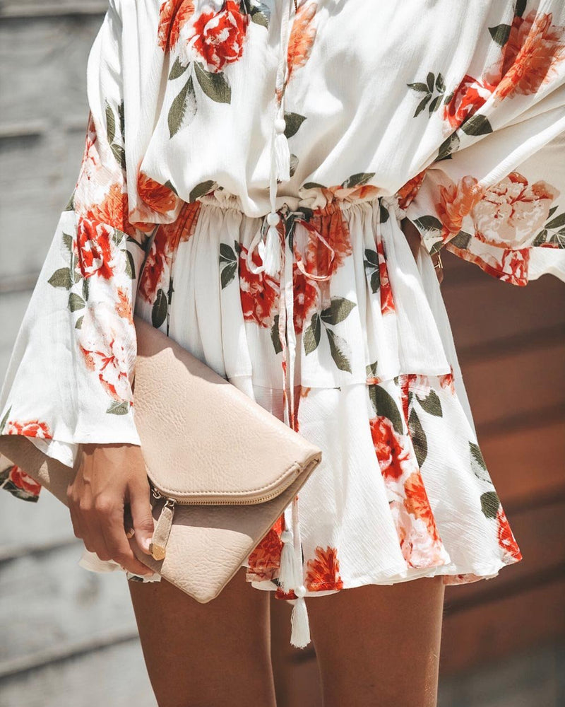 Red Flowers Printed Off Shoulder Mini Dress