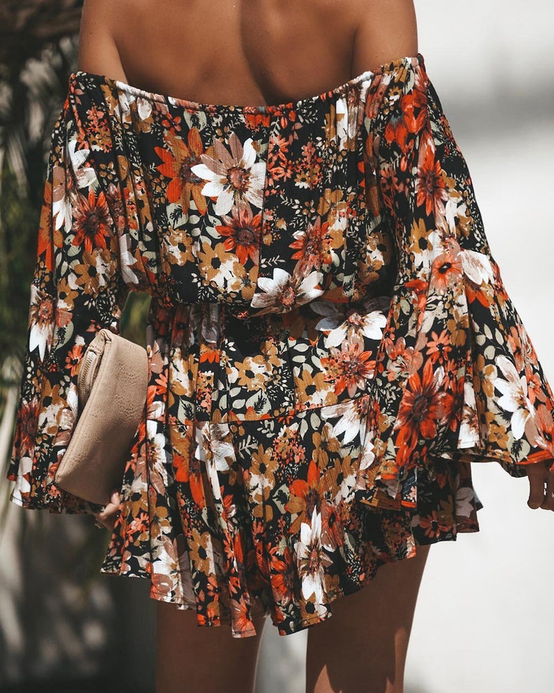 Red Flowers Printed Off Shoulder Mini Dress