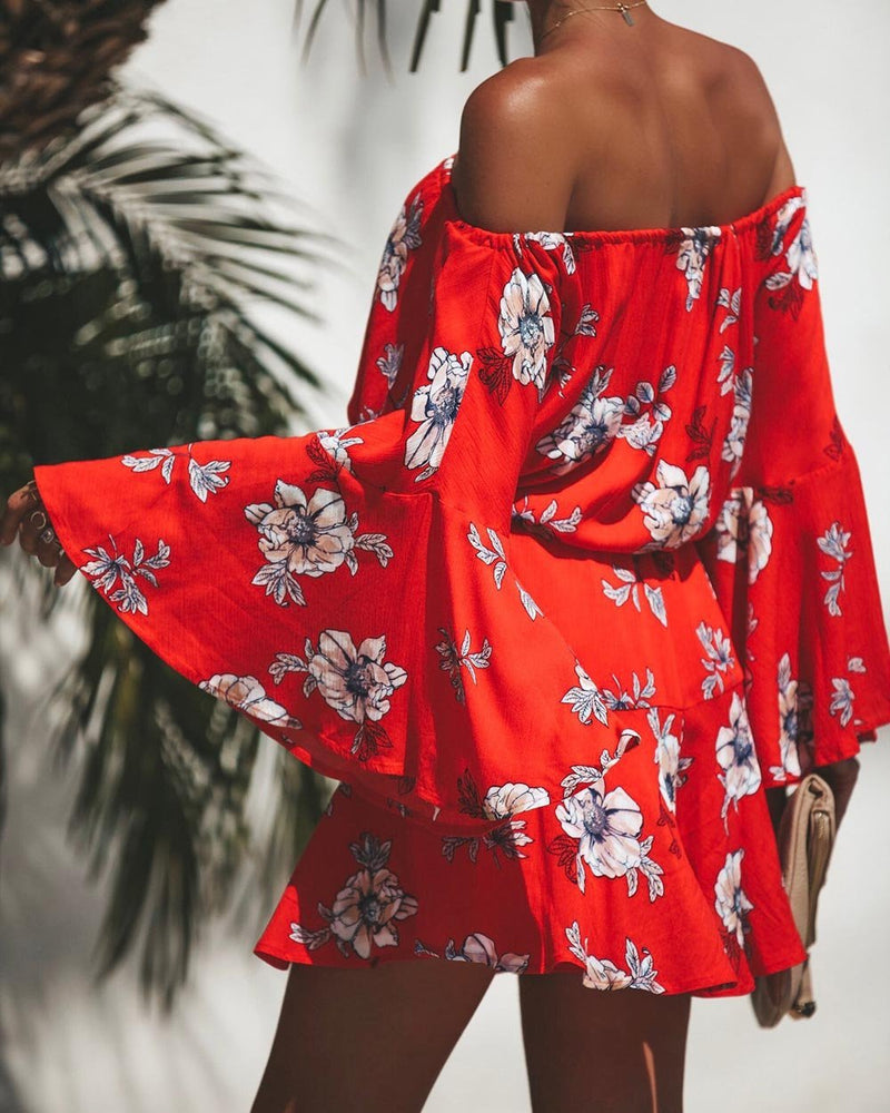 Red Flowers Printed Off Shoulder Mini Dress