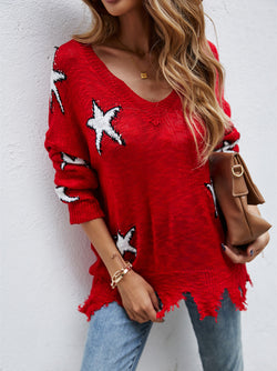 Casual V Neck Long Sleeve Star Print Sweater