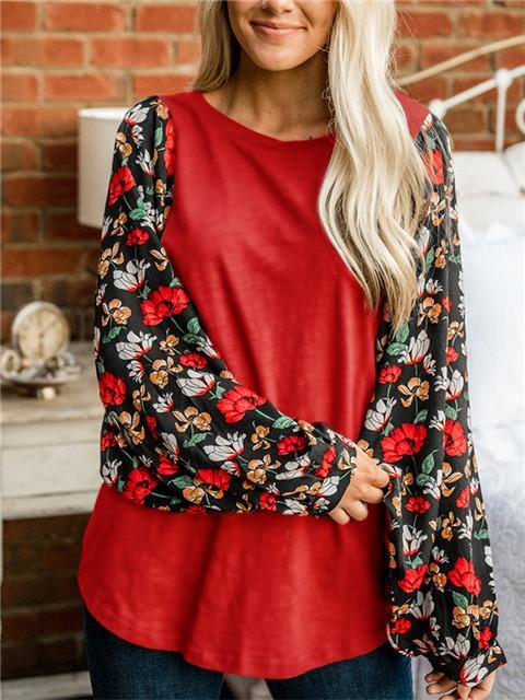 Floral Pattern Stitching Lantern Sleeve Top