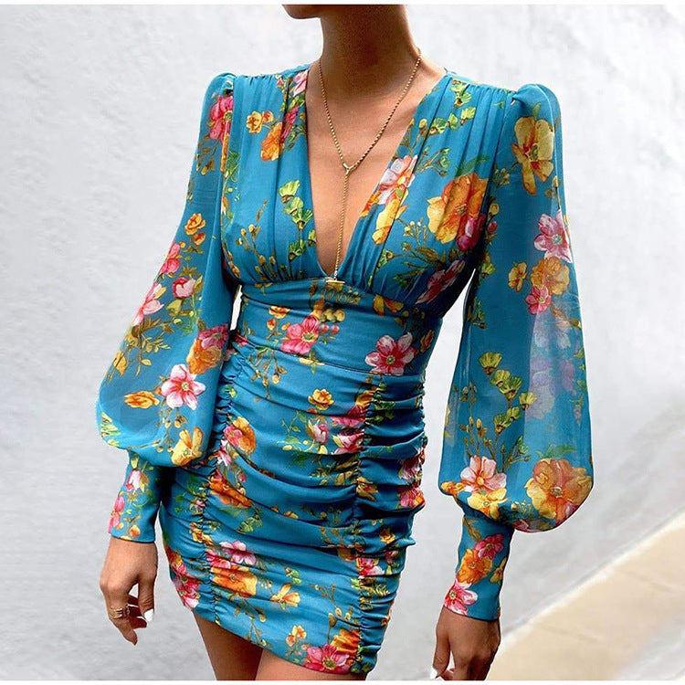 Deep V Neck Long Sleeve Floral Mini Dress