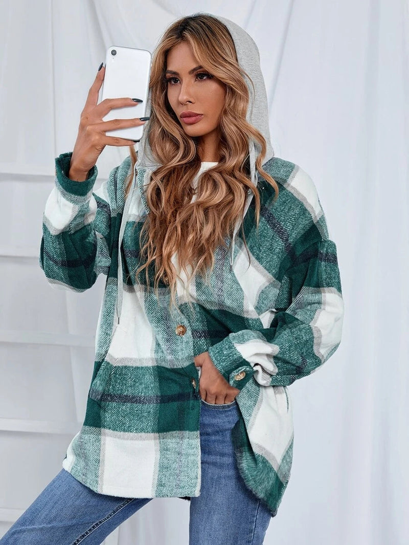 Hooded Drawstring Button Down Jacket Top