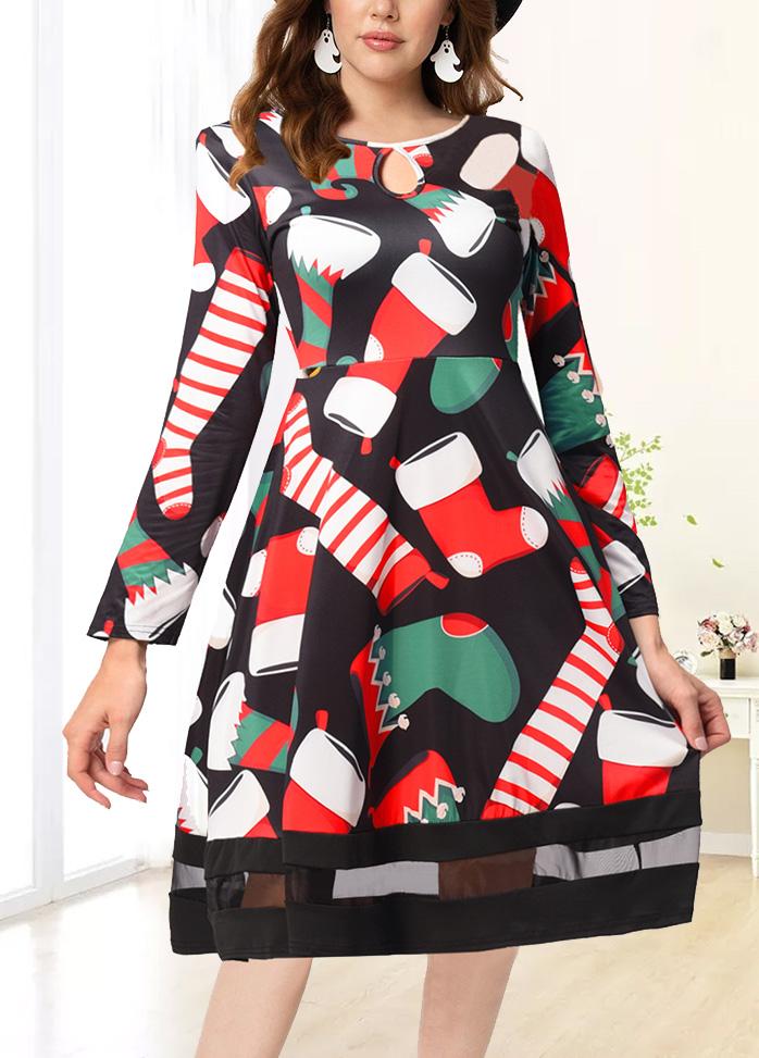 Christmas Round Neck Retro Printed Dresses